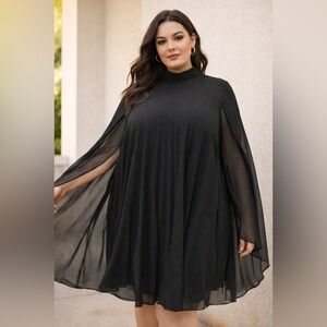 Elegant Black Cape Dress XL | Sheer Chiffon Overlay High Neck Flowing Party